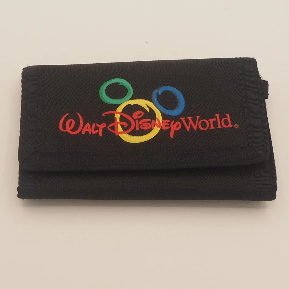 Vintage Walt Disney World Trifold Wallet Hook & Loop Closure Keyring Black
